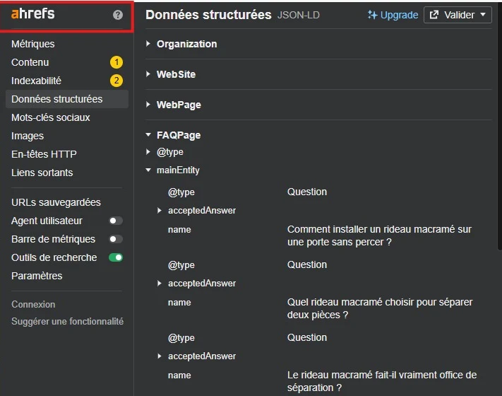 Extension Ahrefs : bloc FAQPage détecté avec ses questions